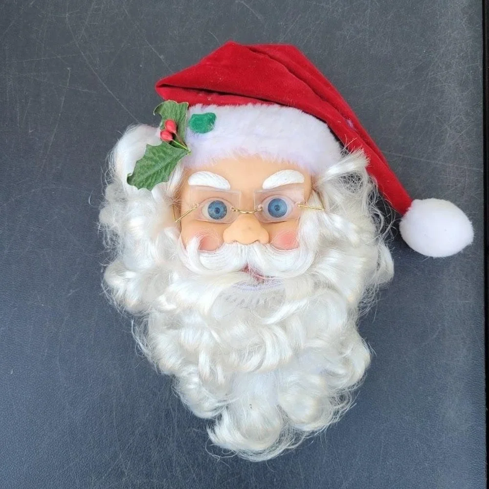 Santa Claus Wall Sculpture Red Hat White Beard Fabric Plastic Hanging Christmas